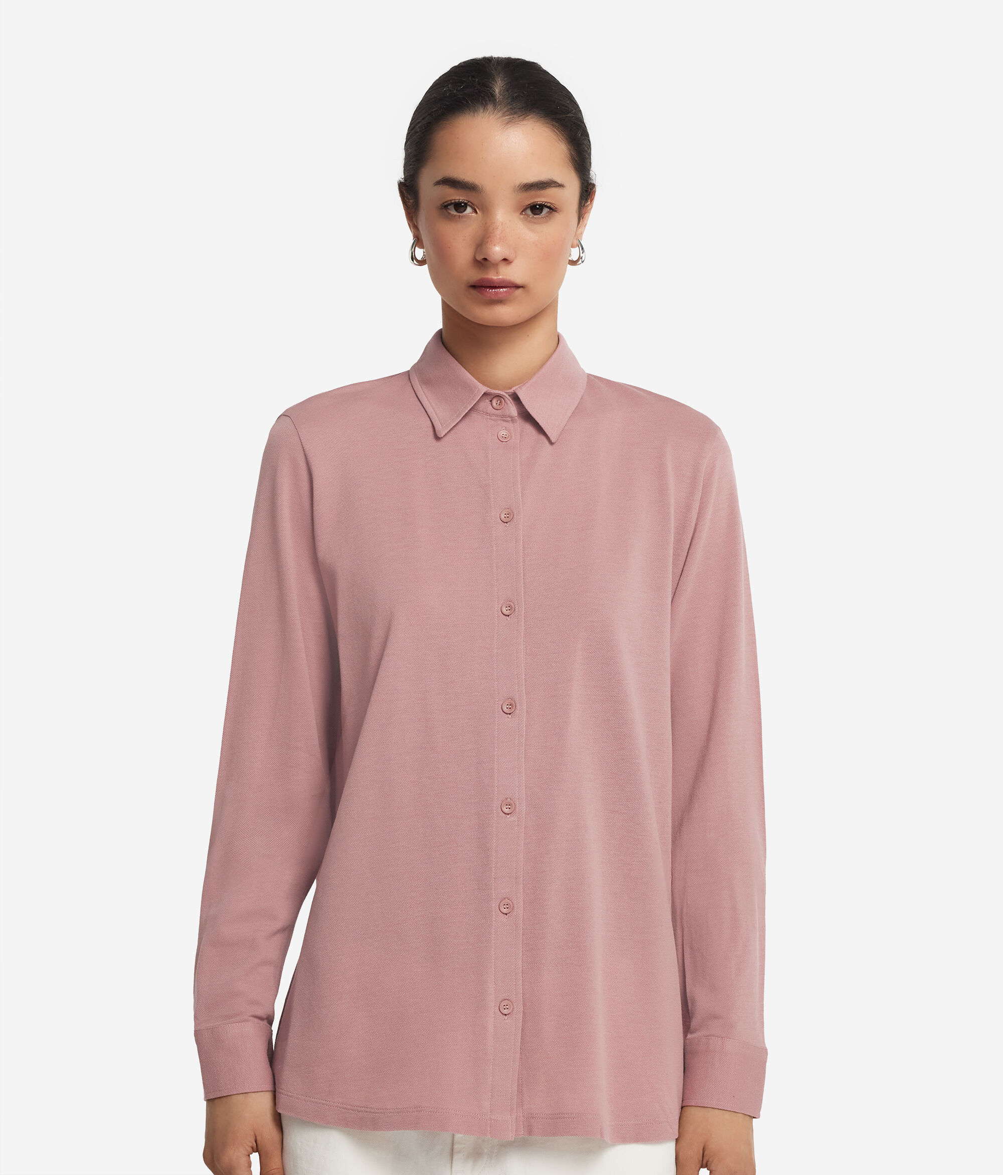 Long-Sleeved Shirt in Cotton and Silk Piqué