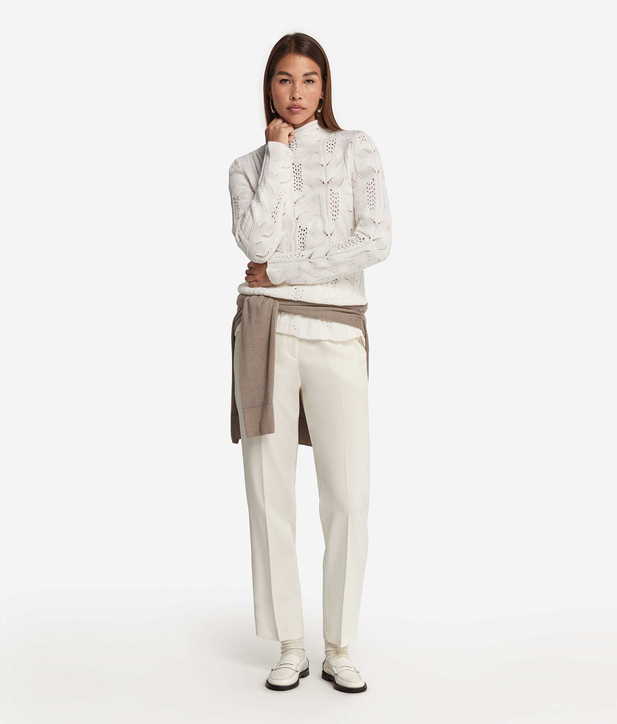 Wool Raised Collar Jumper with Cable Pattern and Lace