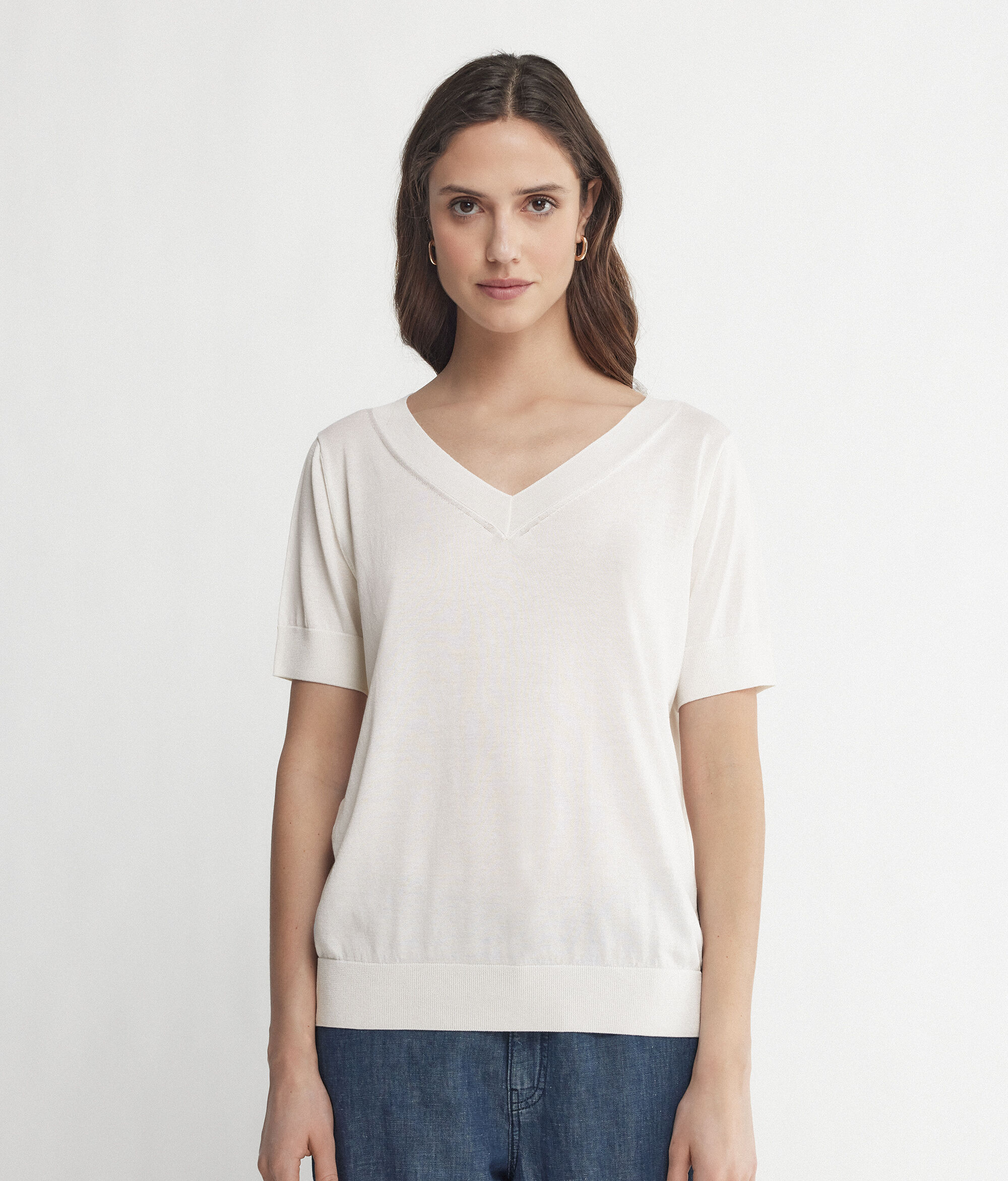 Silk and Cotton V-Neck Sweater with Short Sleeves
