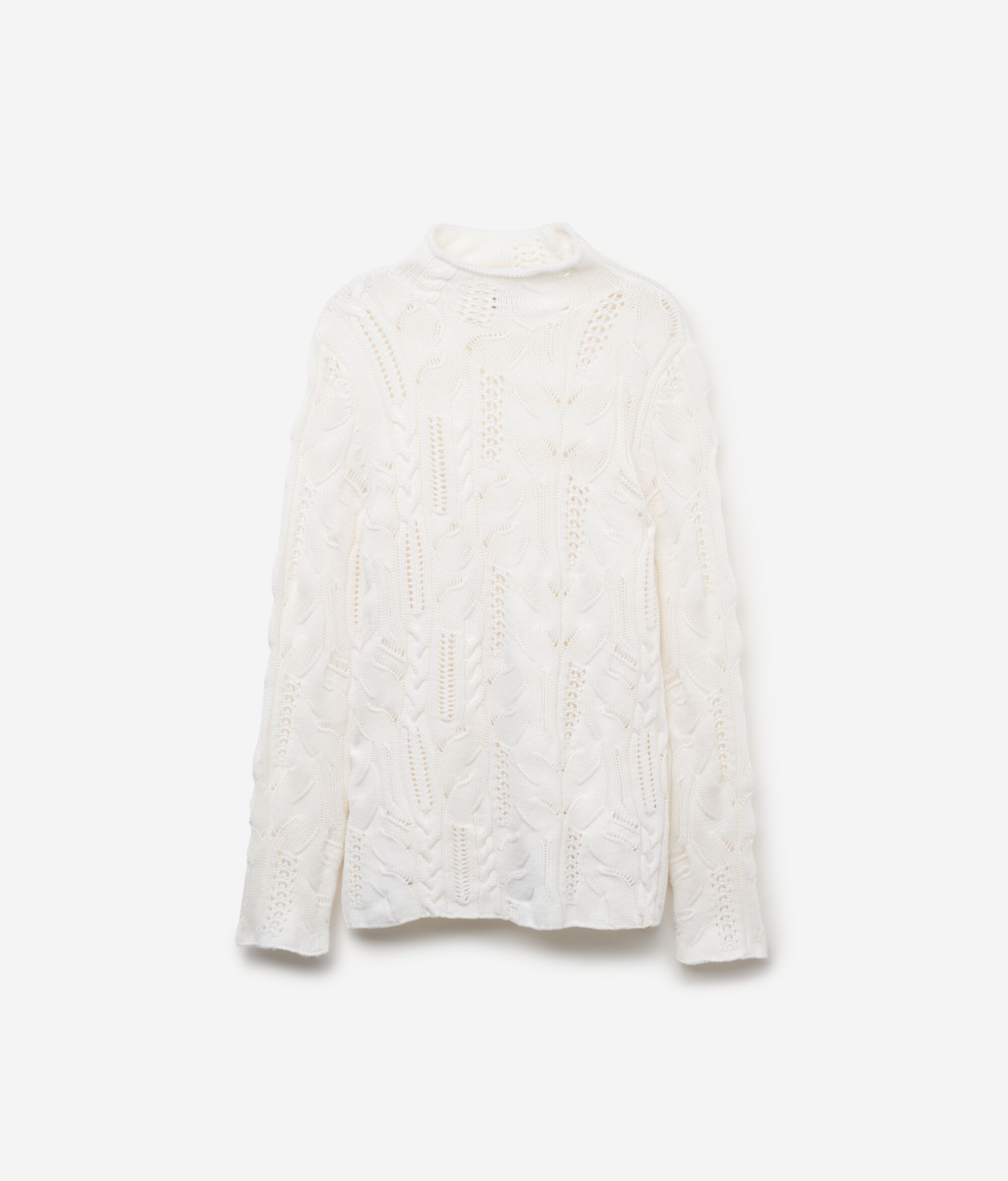 Wool Raised Collar Jumper with Cable Pattern and Lace