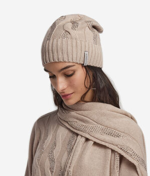 ウルトラソフトカシミヤ ケーブルニット＆ラインストーン ニットキャップ