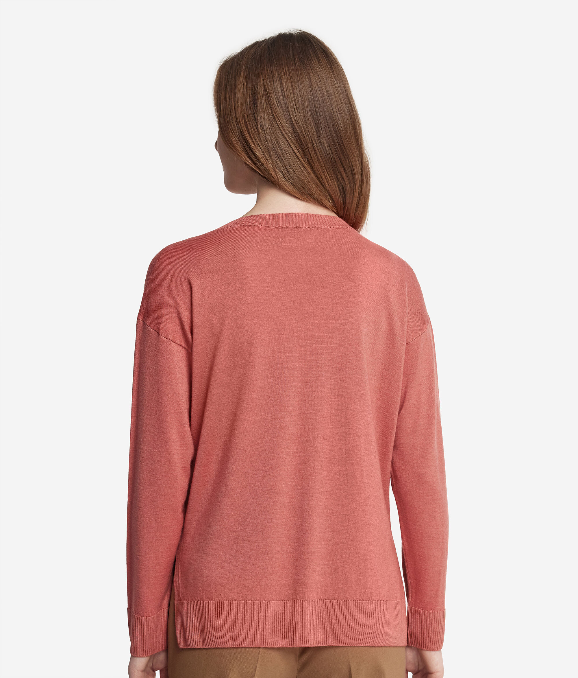 Camisola com Decote em V em Caxemira com Rachas