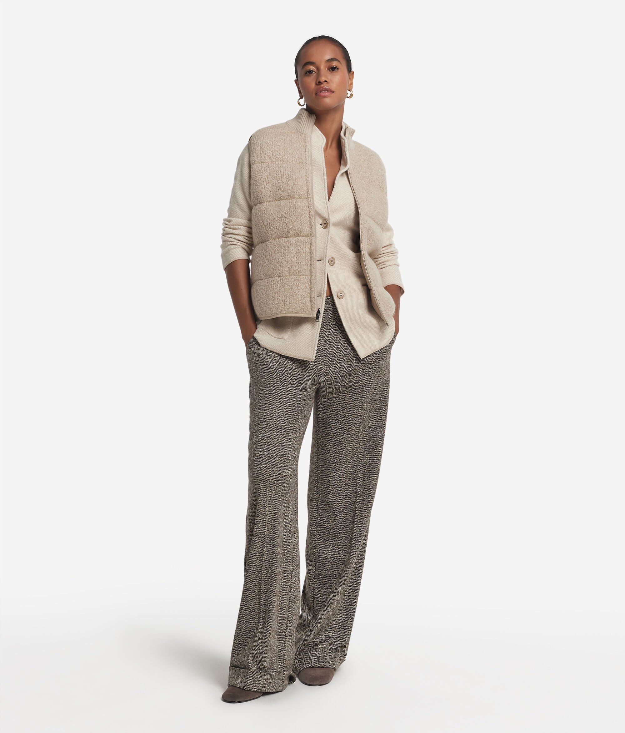 Reversible bouclé and nylon gilet