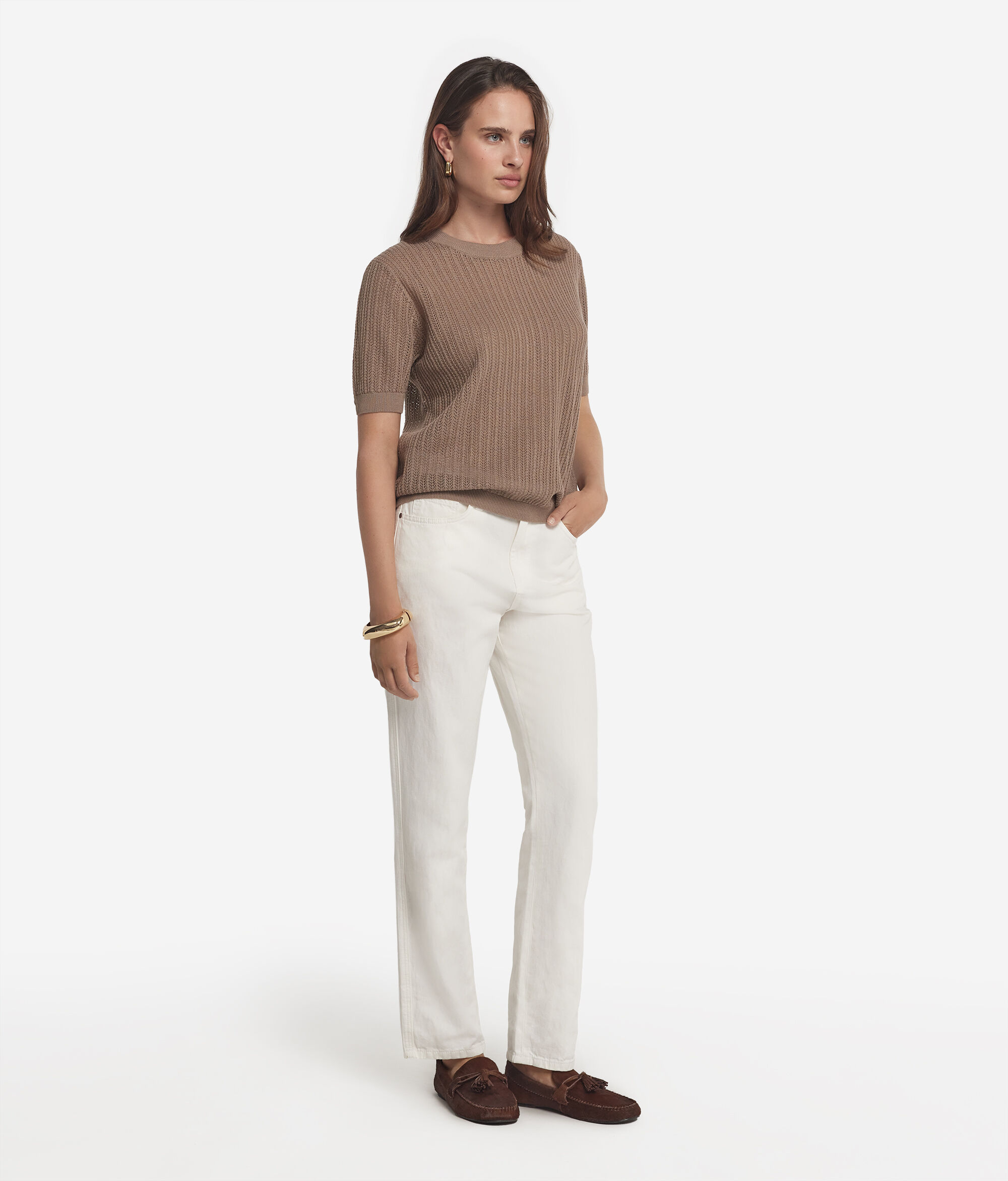 Cotton Crewneck T-Shirt with Fretted Ribbing