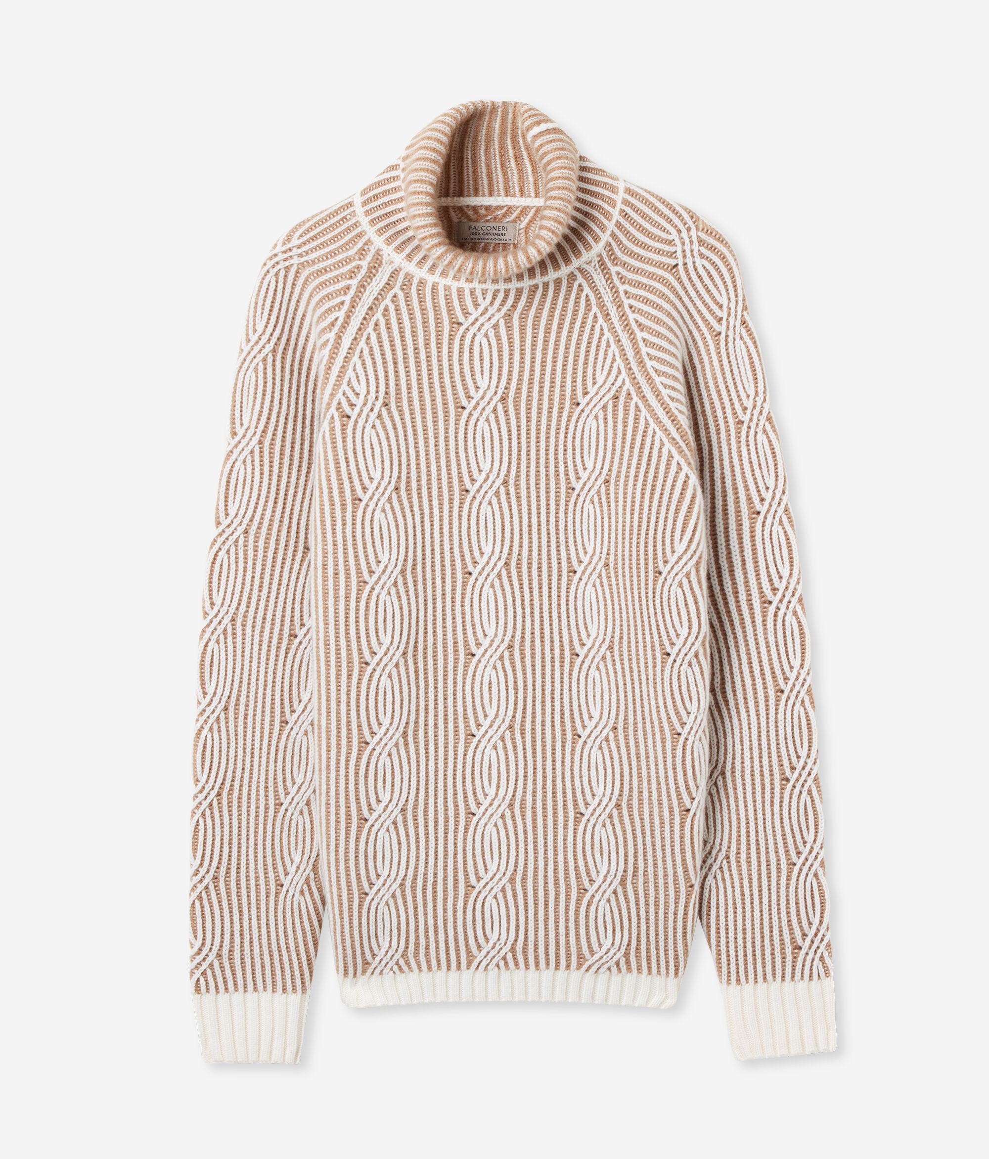 Two-Tone Ultrasoft Cashmere High-Neck Cable-Knit Jumper