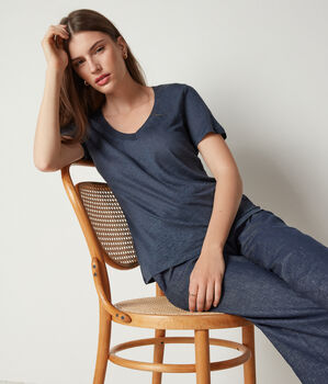 T-shirt com Decote em V com Orla de Malha