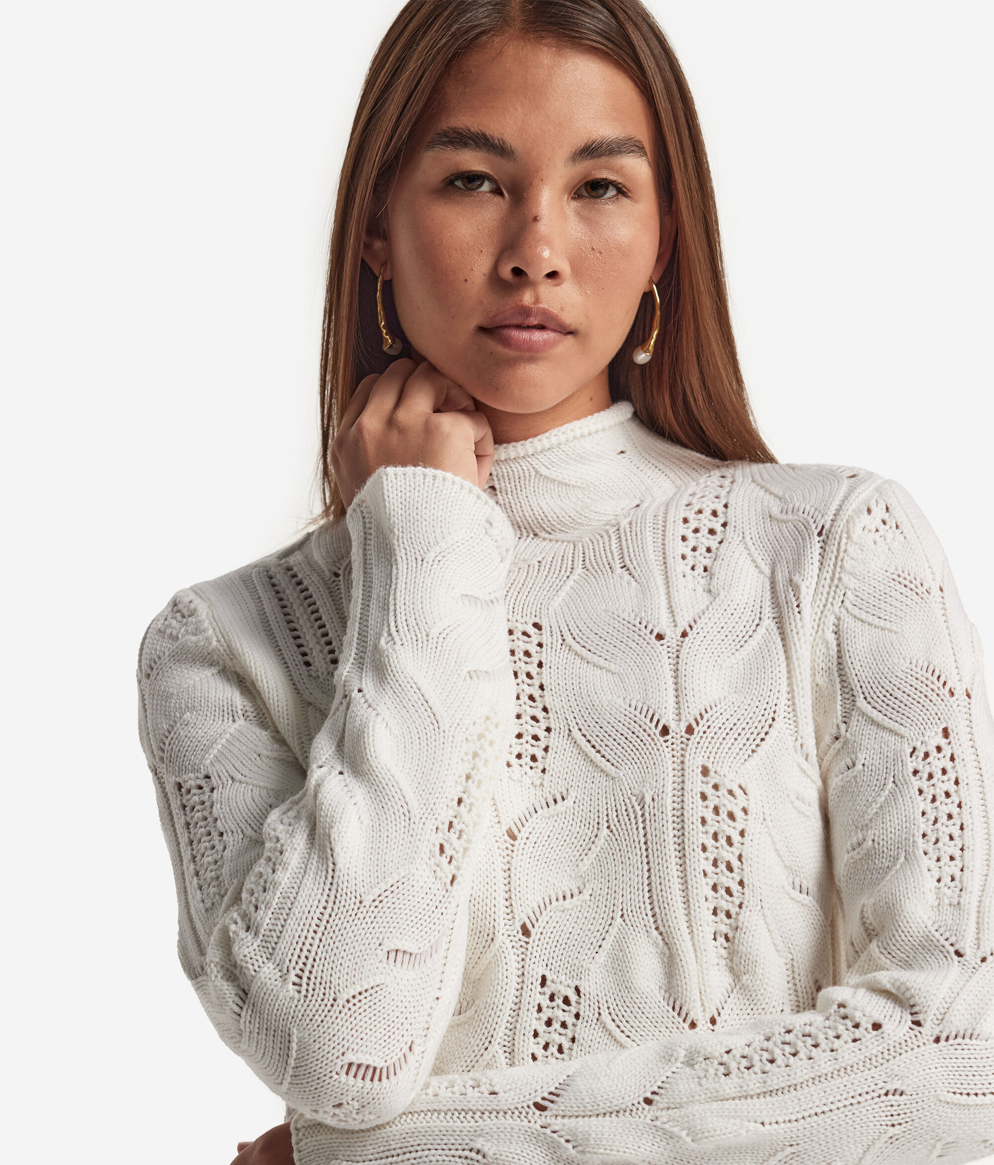 Wool Raised Collar Jumper with Cable Pattern and Lace
