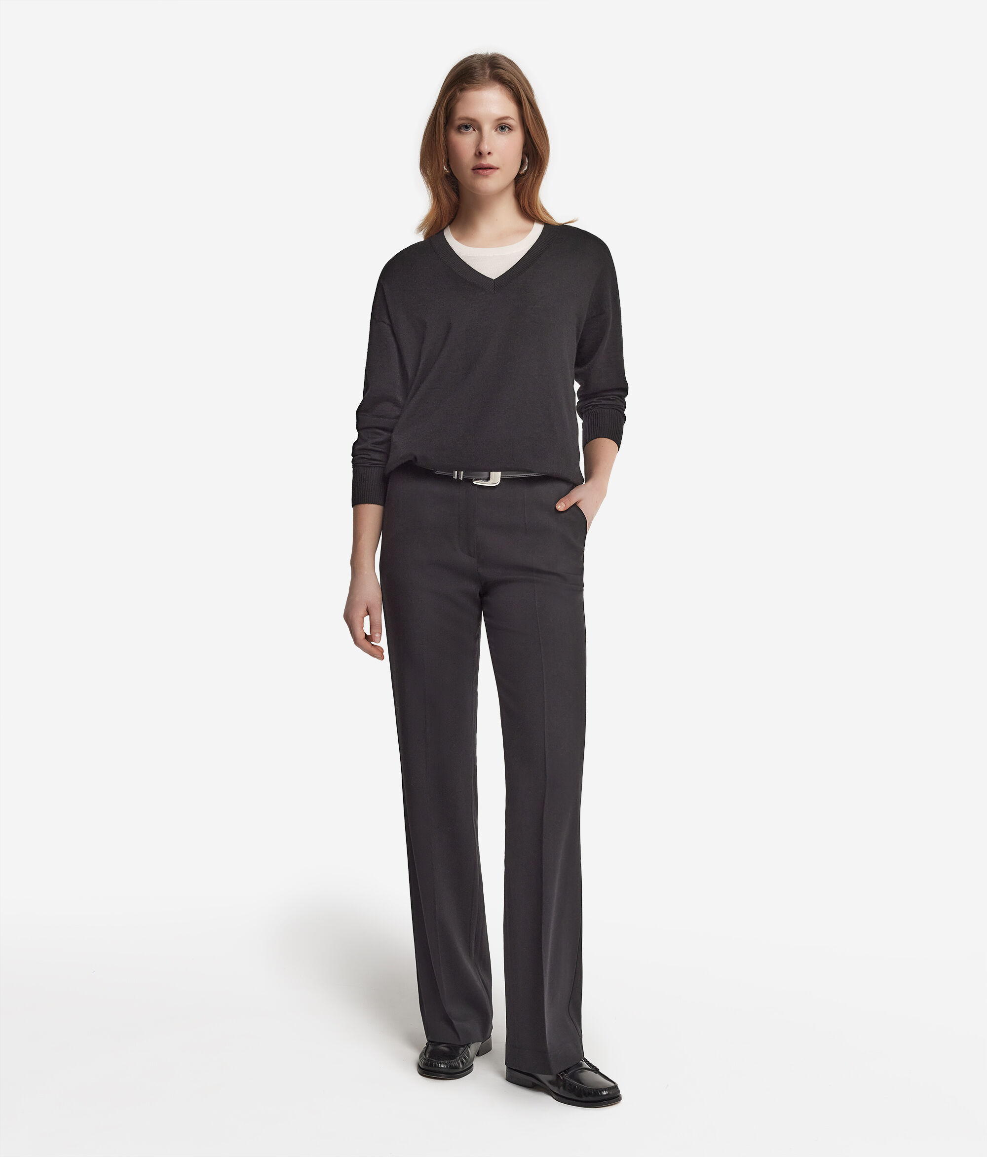 Camisola com Decote em V em Caxemira com Rachas