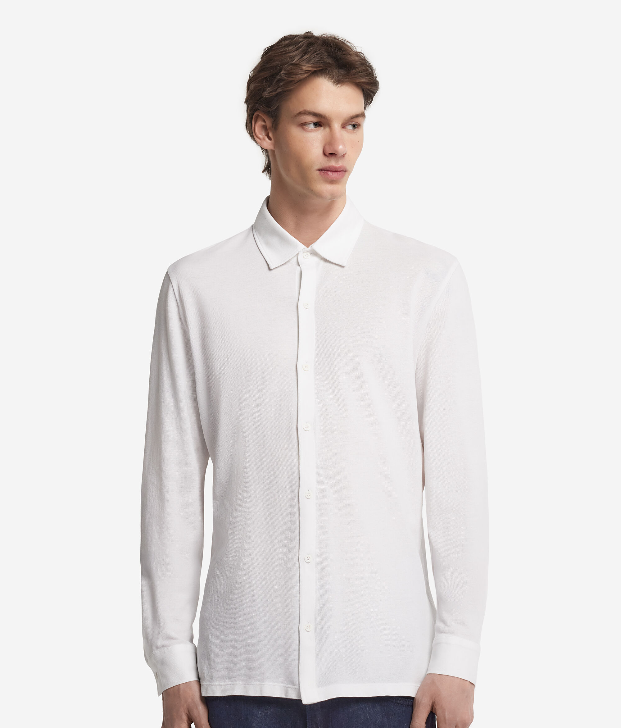 Camicia a Maniche Lunghe in Piquet di Cotone e Seta