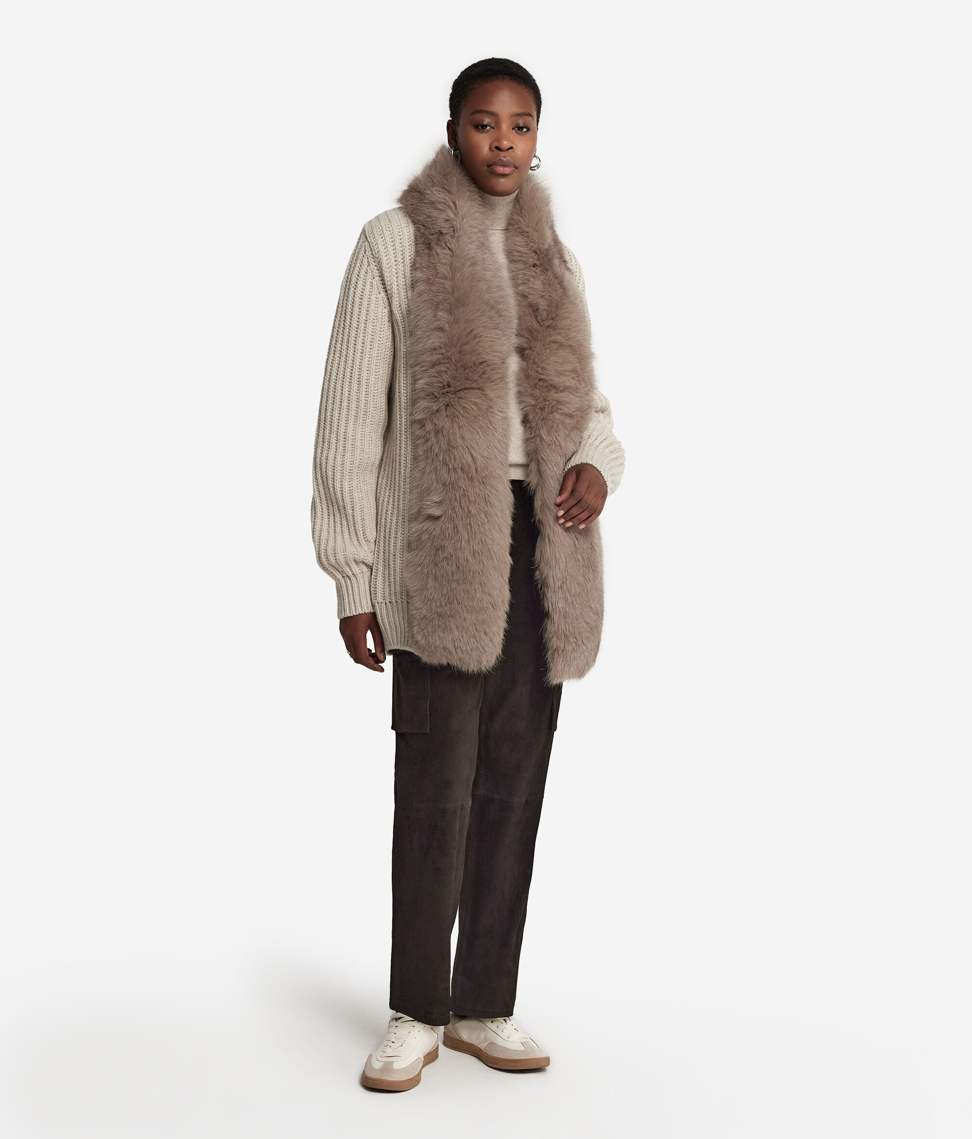 Manteau côtelé en cachemire et fourrure