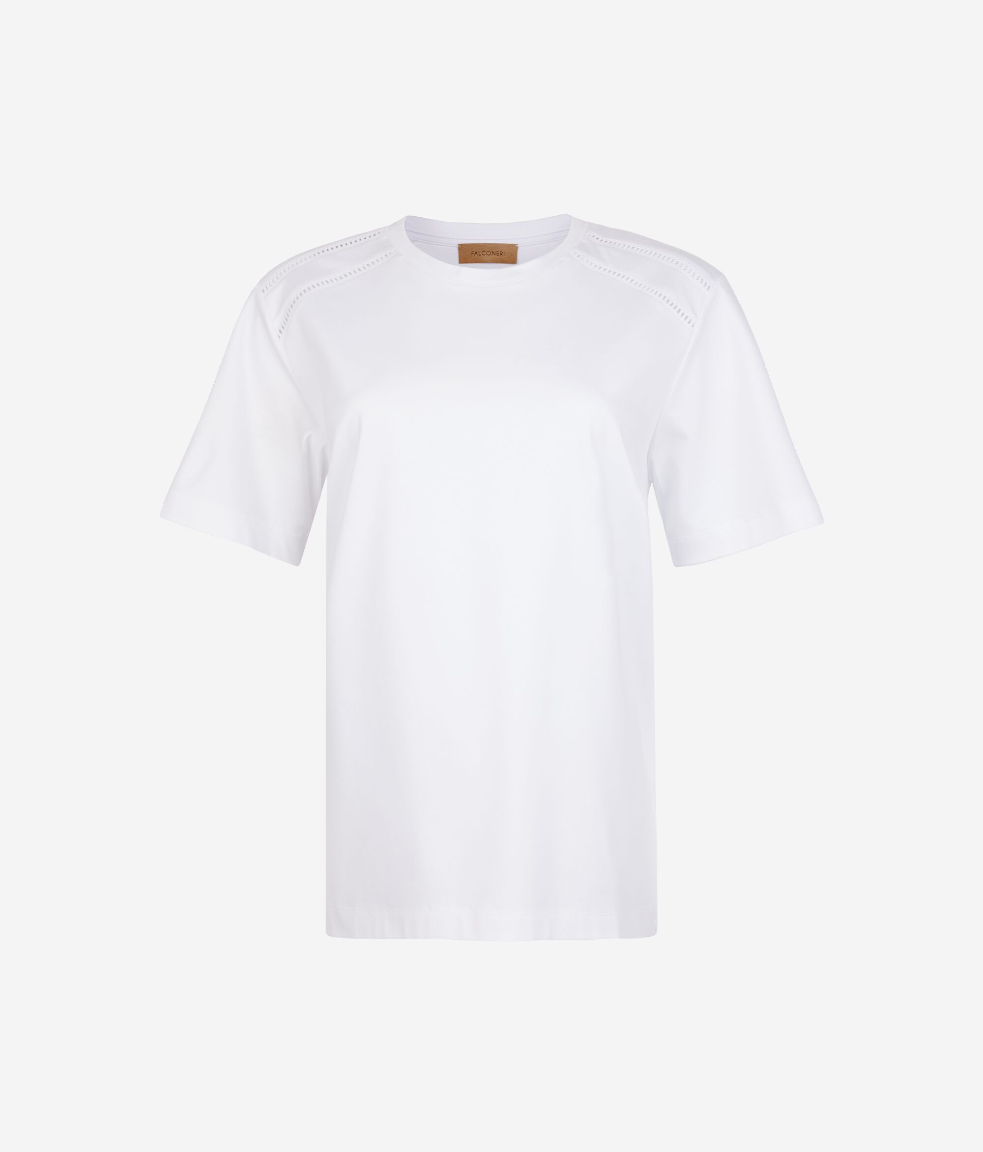 Jedwabny T-shirt z Okrągłym Dekoltem i Makramowymi Wstawkami