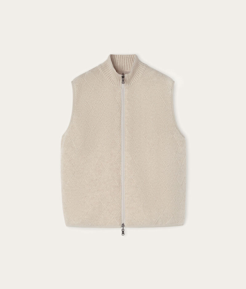 Falconeri Reversible sleeveless short quilted jacket in a cashmere basket weave knit Woman Stone Size S