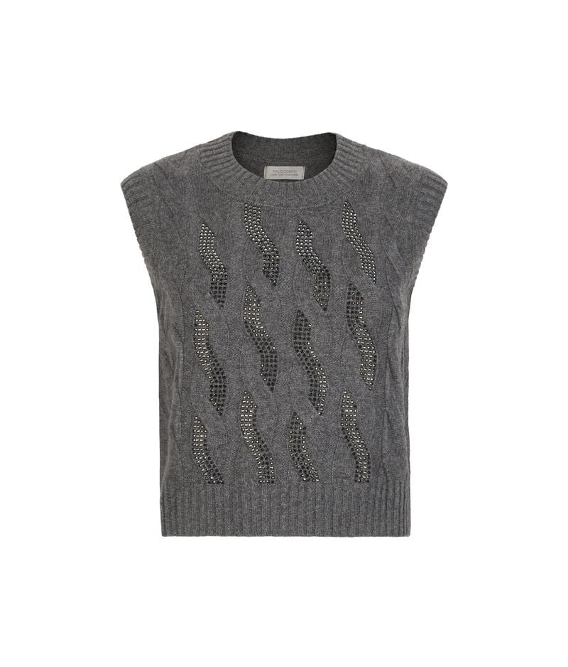 Falconeri Ultrasoft Cashmere Cable Knit and Rhinestone Sweater Vest Woman Dark Grey Melange