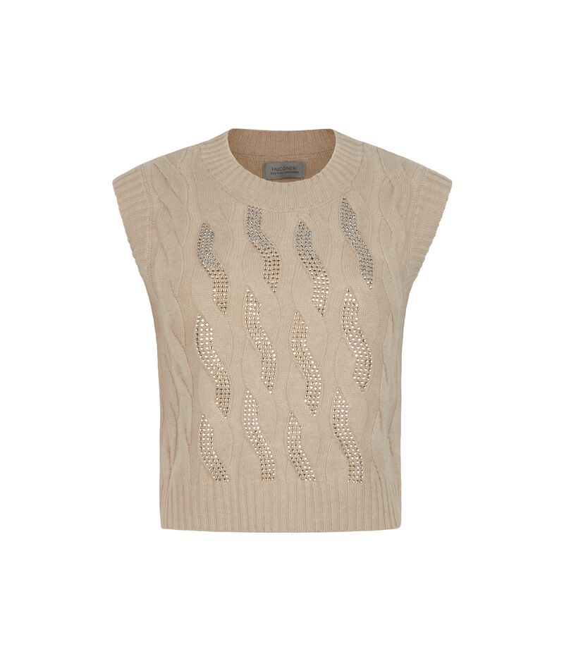 Falconeri Ultrasoft Cashmere Cable Knit and Rhinestone Sweater Vest Woman Melange Rope Size L