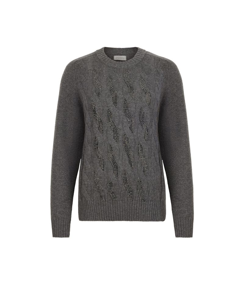 Falconeri Ultrasoft Cashmere Cable Knit and Rhinestone Crewneck Woman Dark Gray Size M