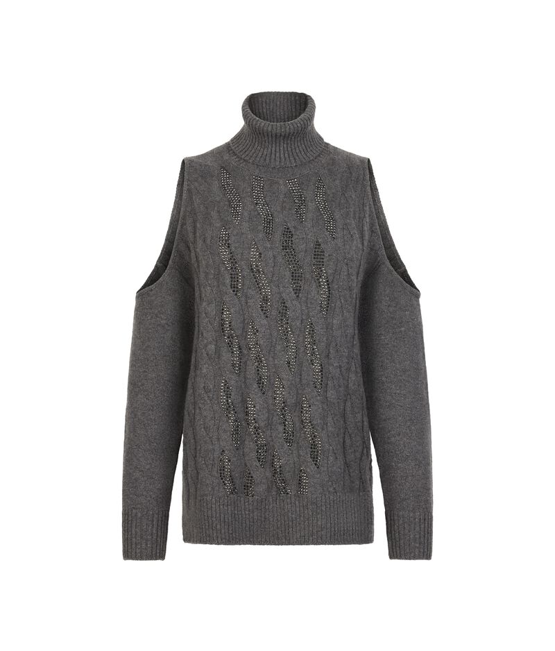 Falconeri Cut-out Cable-knit Sweater with Rhinestones in Ultrasoft Cashmere Woman Dark Gray Size M