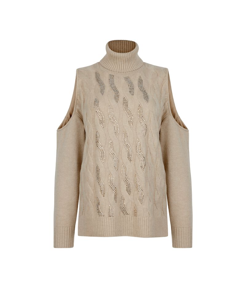 Falconeri Cut-out Cable-knit Sweater with Rhinestones in Ultrasoft Cashmere Woman Melange Rope Size L