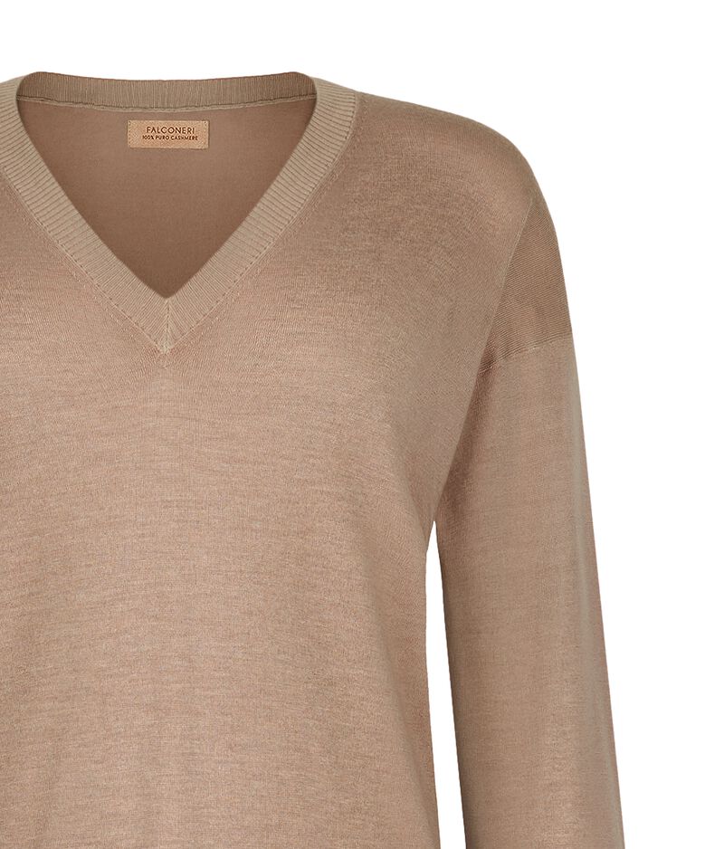 Falconeri Cashmere V-Neck Sweater with Slits Woman Melange Wheat Size S