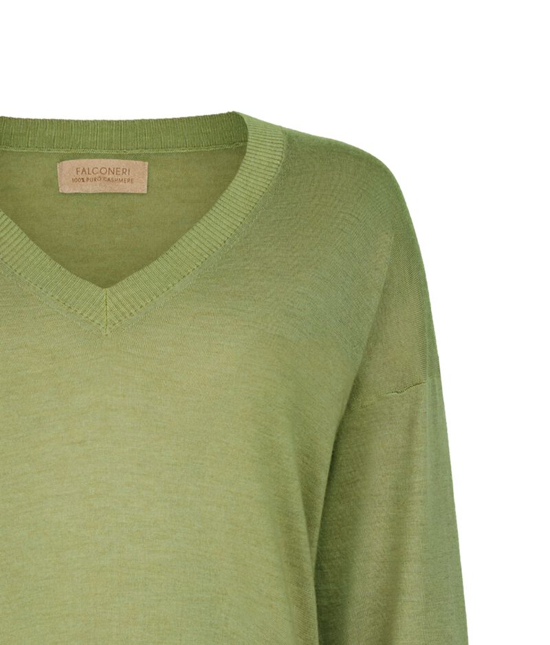 Falconeri Cashmere V-Neck Sweater with Slits Woman Basil Garment-dyed Size L