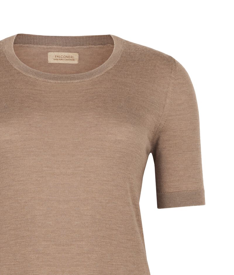 Falconeri Ultrafine Cashmere Crewneck Sweater with Short Sleeves Woman Melange Wheat Size L