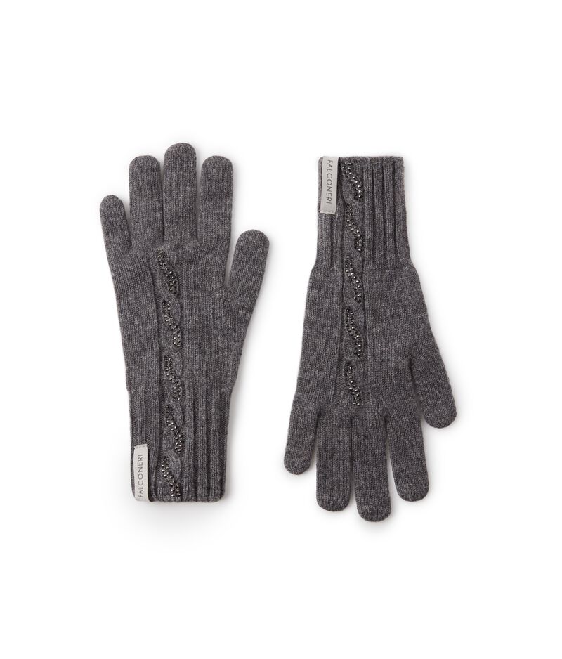 Falconeri Ultrasoft Cashmere Cable Knit and Rhinestone Gloves Woman Dark Gray Size TU
